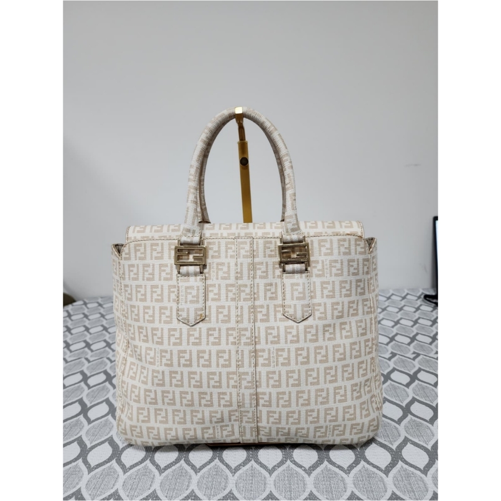 Fendi Zucchino Coated Canvas FF Handle Tote Bag Beige - Picture 7 of 15